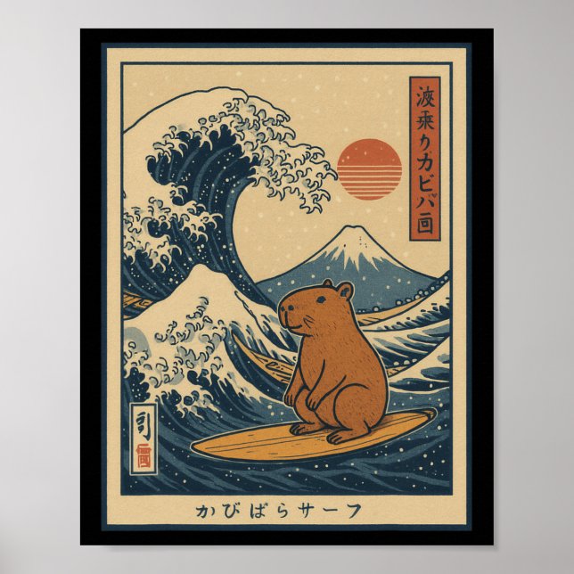 Poster Capyra surfant calmement sur la grande vague _1  (Devant)