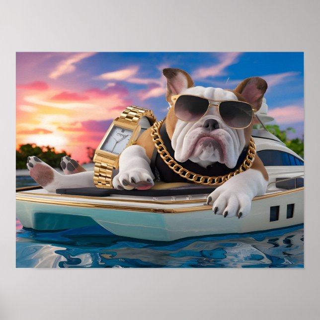 Poster Caractère Bulldog riche sur Yacht privé (Devant)