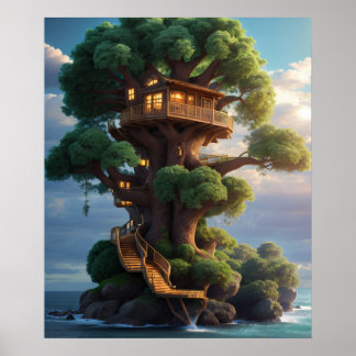 Poster Caractères animaux mignons Une maison d'arbre maje