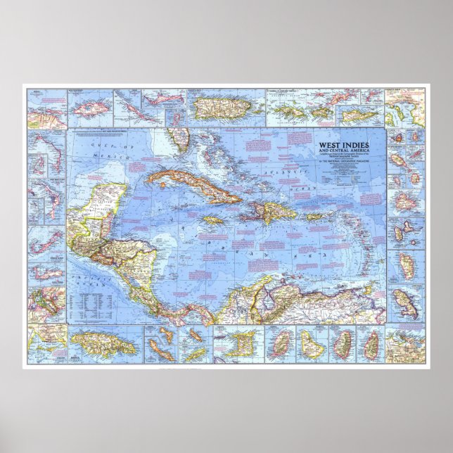 Poster " Caraïbes : 1970 - Carte détaillée des Antilles . (Devant)