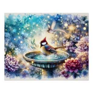 Poster Cardinal au bain d'oiseaux Jardin rêveur