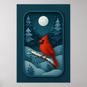Poster Cardinal au clair de lune dans la forêt hivernale