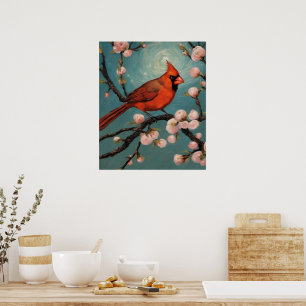 Poster Cardinal dans un amandier en fleurs