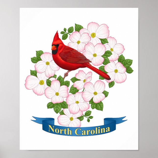 Poster Cardinal d'État de Caroline du Nord Oiseau Dogwood (Devant)