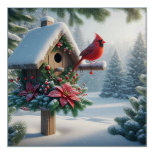 Poster Cardinal d'hiver sur une maison d'oiseaux festive