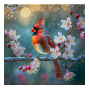Poster Cardinal mâle au clair de lune Cerisiers en fleurs