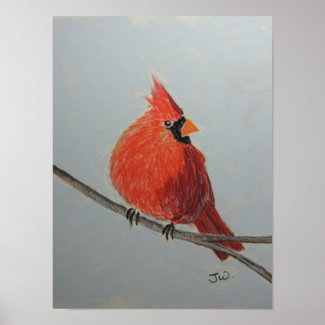 Poster Cardinal Rouge à la Branche de Pastels (Devant)