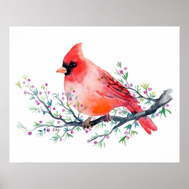 Poster Cardinal rouge aquarelle sur Berry Branch (Devant)