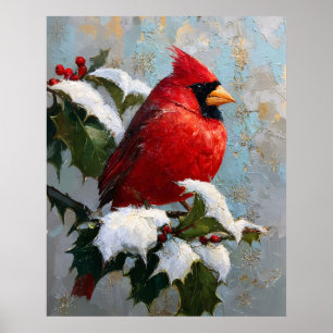 Poster Cardinal rouge sur houx enneigé