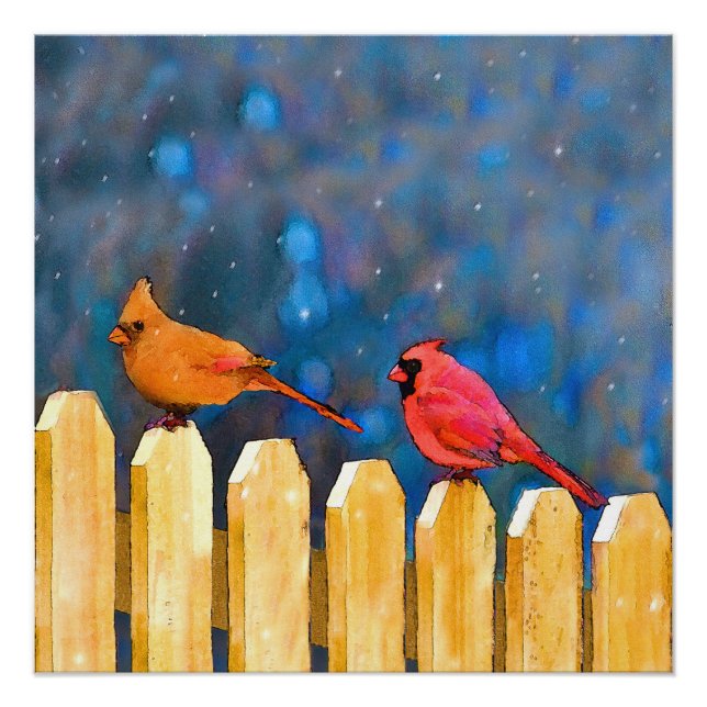 Poster Cardinals on the Fence Painting - Art original (Devant)