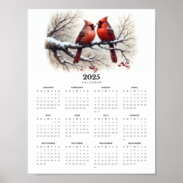 Poster Cardinaux assis sur la branche neige 2025 Calendri (Devant)