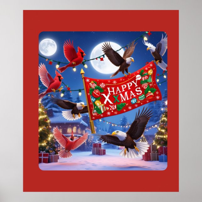 Poster Cardinaux de fête et aigles avec un joyeux Noël (Devant)