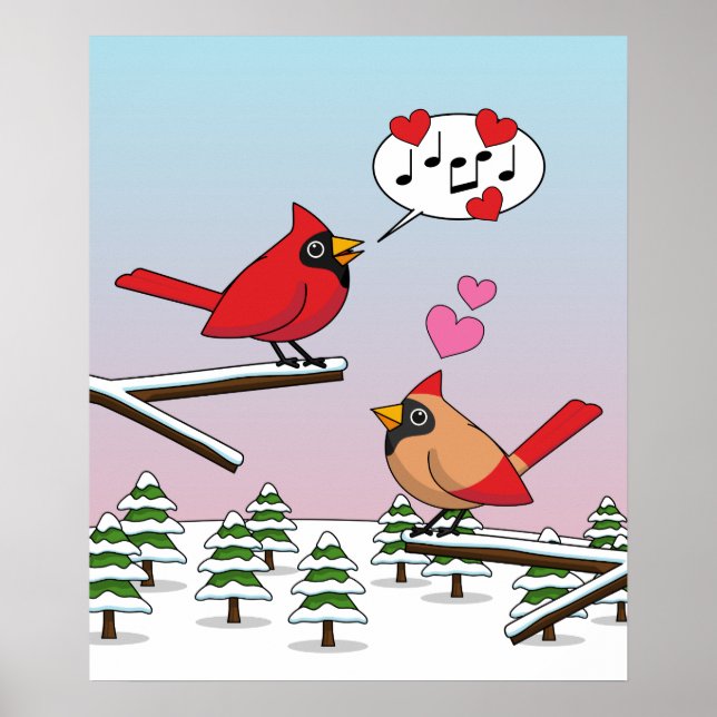 Poster Cardinaux du Nord Rouge mignonne Amour Paysage hiv (Devant)