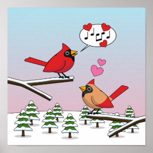 Poster Cardinaux du Nord Rouge mignonne Amour Paysage hiv