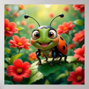 Poster Caricature adorable Ladybug sur une feuille