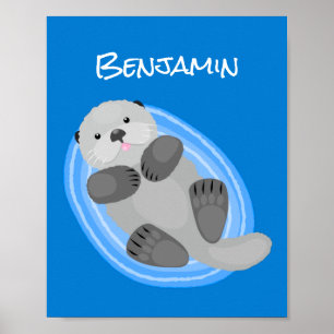 Poster Caricature bleu loutre de mer joyeux