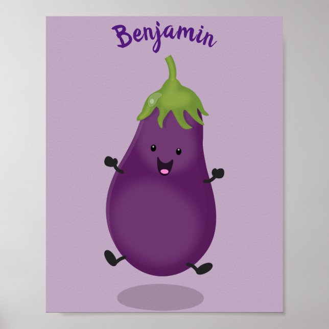Poster Caricature d'aubergine d'aubergine joliment heureu (Devant)