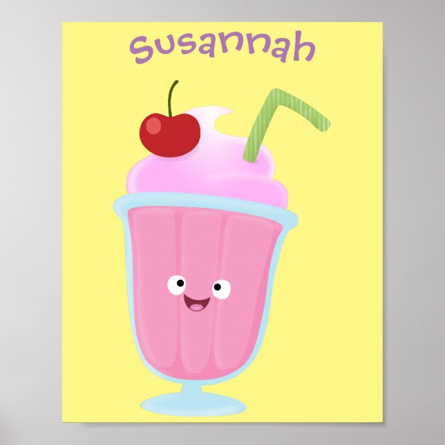 Poster Caricature de crème glacée de fraise mignonne (Devant)
