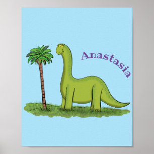 Poster Caricature de dinosaure de brontosaurus vert migno