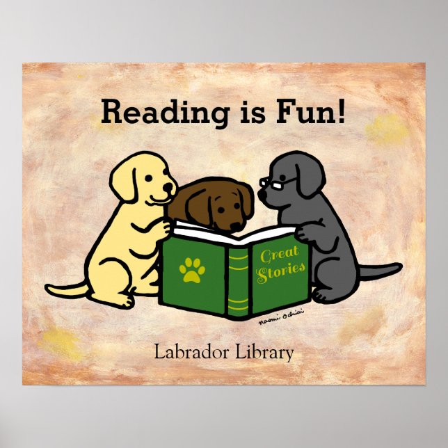 Poster Caricature de lecture de marionnettes Labrador (Devant)