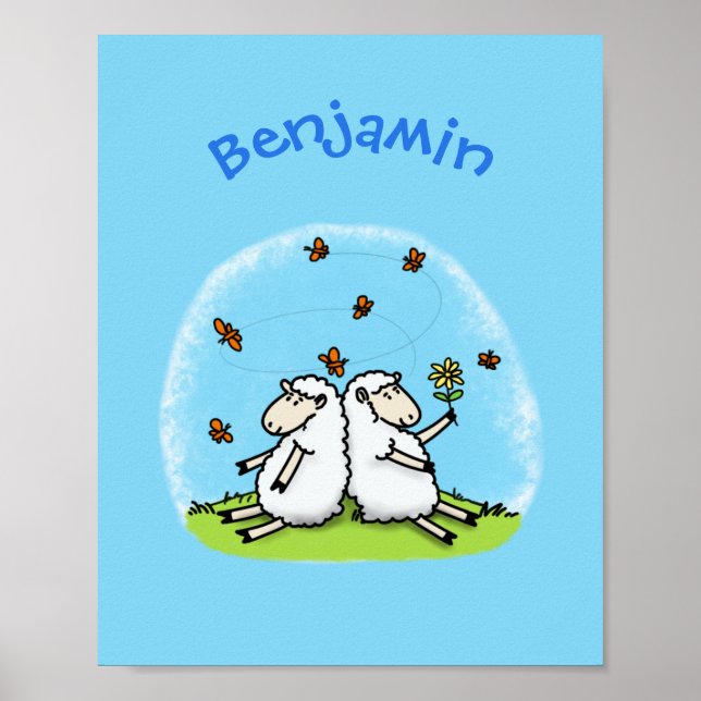Poster Caricature de moutons mignons amis et papillons (Devant)