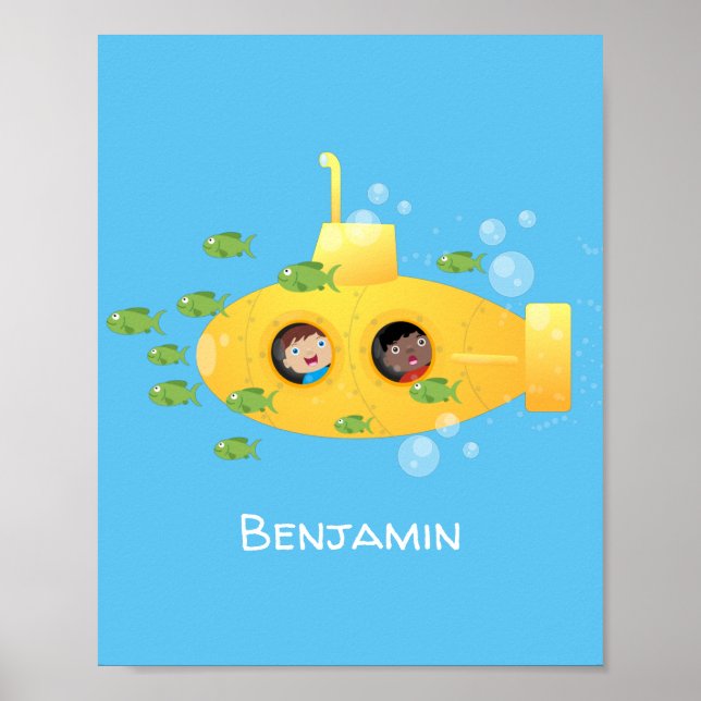 Poster Caricature de poisson sous-marin jaune mignon (Devant)