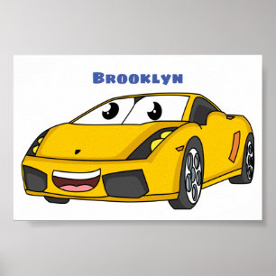 Poster Caricature de voiture sport jaune joyeux