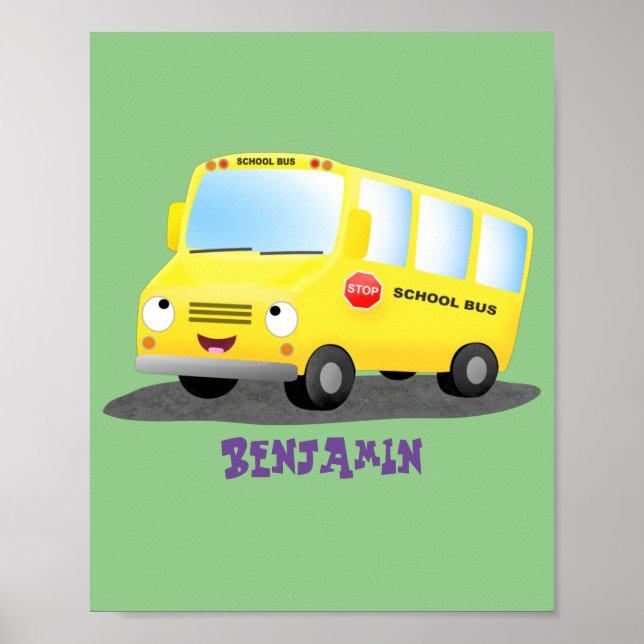 Poster Caricature du bus scolaire jaune joyeux (Devant)