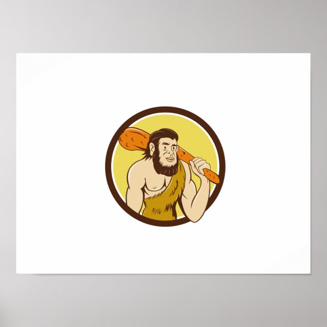 Poster Caricature du cercle Neandertal Man Holding Club (Devant)