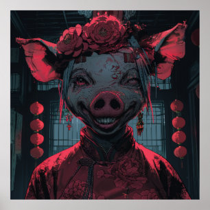 Poster Caricature effrayante Cochon avec le billet de Nou