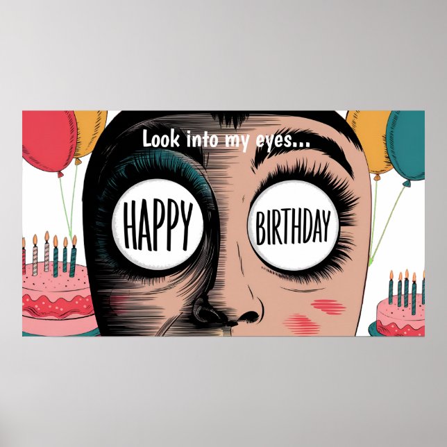 Poster Caricature grand yeux heureux anniversaire dans le (Devant)