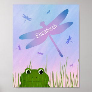Poster caricature grenouille regarder sur l'herbe dragonf