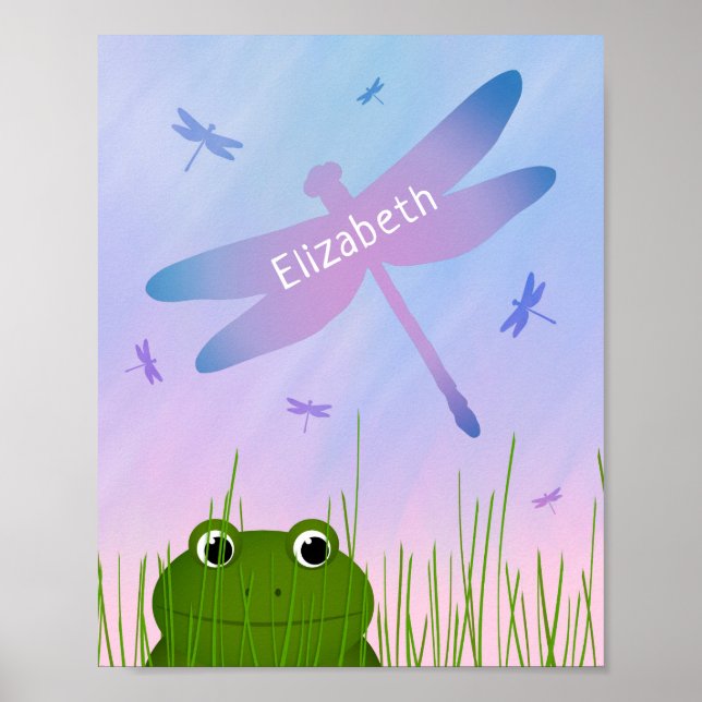 Poster caricature grenouille regarder sur l'herbe dragonf (Devant)