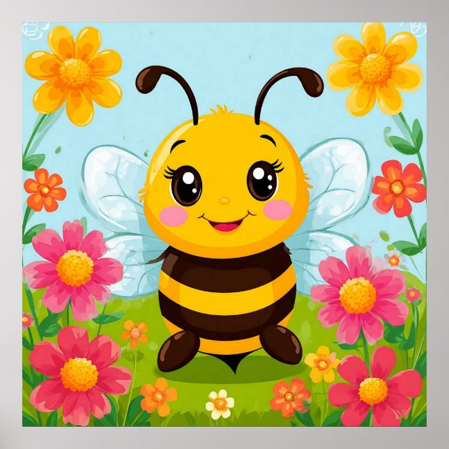 Poster Caricature joyeuse abeille entourée de fleurs vive (Devant)
