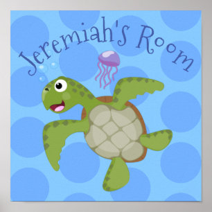 Poster Caricature joyeuse de tortue de mer verte mignonne