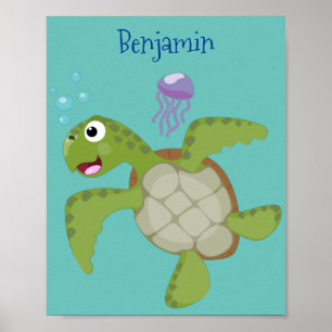Poster Caricature joyeuse de tortue de mer verte mignonne