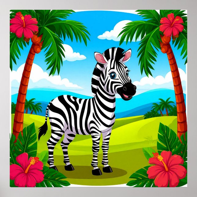 Poster Caricature joyeuse Zebra dans un paysage tropical (Devant)
