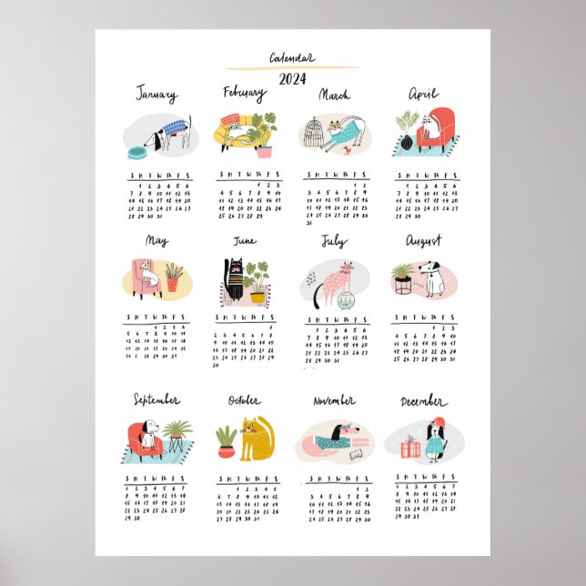 Poster Caricature mignonne Chats et Chiens 2024 Calendrie (Devant)