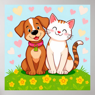 Poster Caricature mignonne Chien et Chat assis ensemble