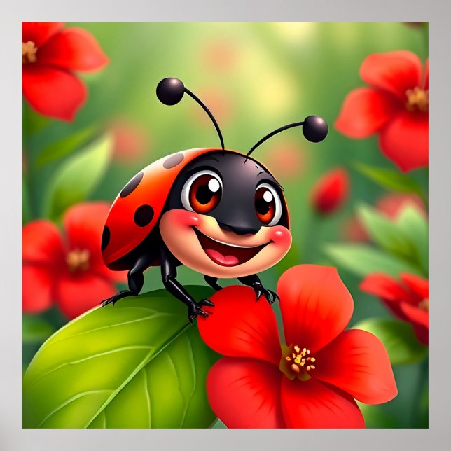 Poster Caricature souriante Ladybug assise sur la fleur (Devant)