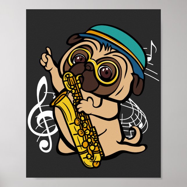Poster Carlin de chien jouant musicien saxophone (Devant)