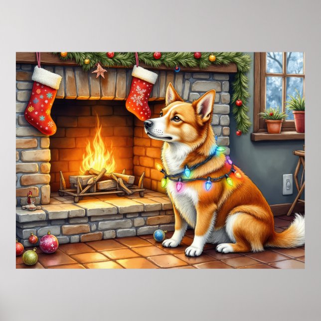 Poster Carolina Dog Fireplace with Christmas Lights (Devant)