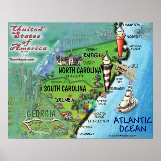 Poster Caroline du Nord Caroline du Sud USA (Devant)