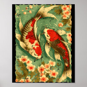 Poster Carpes Koi Japonaises Fleurs de Cerisier Sakura Ar