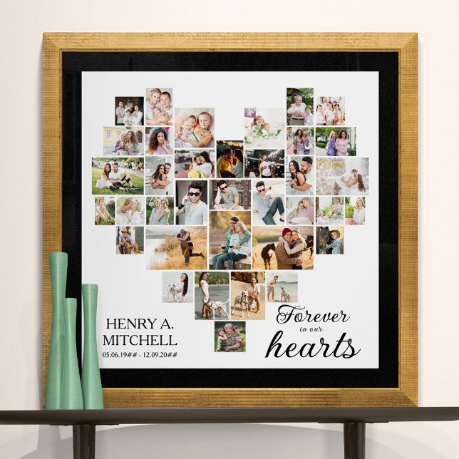 Poster Carré funéraire en forme de coeur 36 Photo Collage (Funeral memorial poster to order professionally printed or as a printable digital download)
