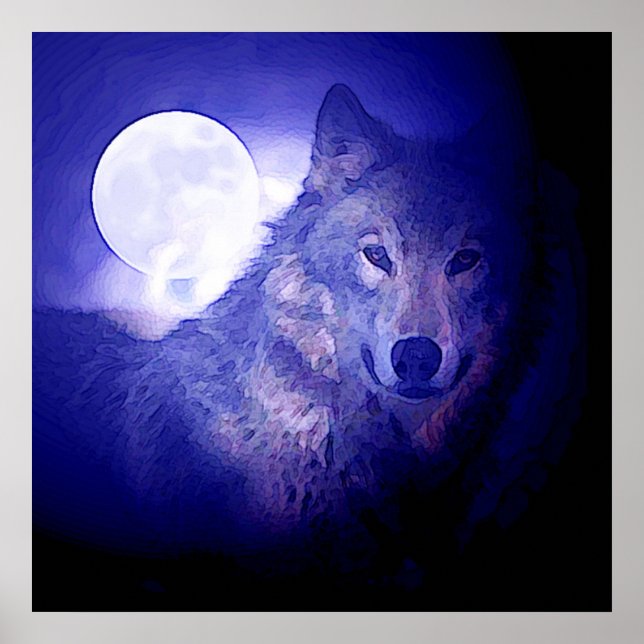 Poster Carré Wolf & Moon Imprimer Loups de nuit Bl (Devant)
