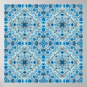 Poster Carreaux à fleurs bleus