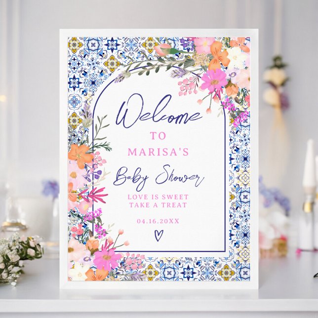 Poster Carreaux bleus aquarelle fleurs sauvages accueil b (Blue tiles watercolor wildflowers baby welcome poster)