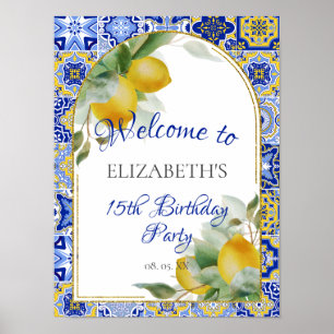 Poster Carreaux bleus italiens Lemons Watercolor Party Bi