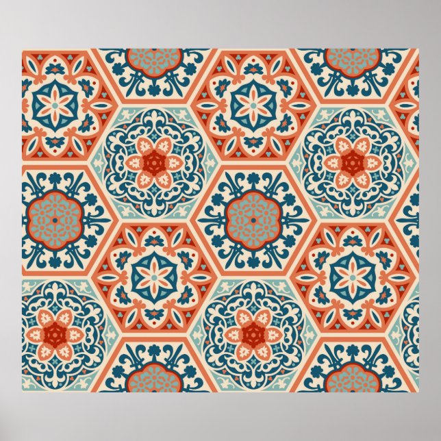 Poster Carreaux de céramique hexagone à motifs décorés, (Devant)